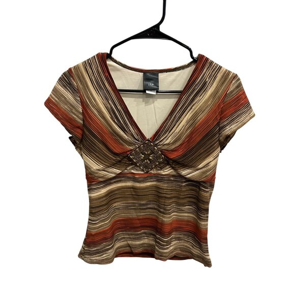 J.T.B Striped V-Neck Short Sleeve Top Brown Sz Small 90s Y2k Boho Earth Tones - Picture 1 of 9